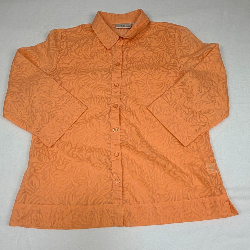 Studio Works Petite Orange Burnout‎ Textured Button Down Shirt PM 3/4 Sleeve